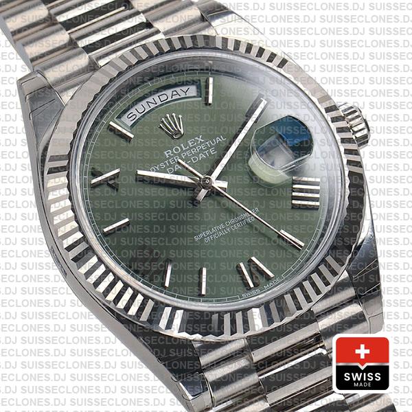 Rolex Day-date 40 Solid 904l Steel 18k White Gold Olive Green Dial Roman Fluted Bezel 40mm 228239 Swiss Replica Watch