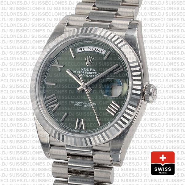Rolex Day-date 40 Solid 904l Steel 18k White Gold Olive Green Dial Roman Fluted Bezel 40mm 228239 Swiss Replica Watch