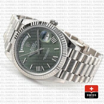 Rolex Day-date 40 Solid 904l Steel 18k White Gold Olive Green Dial Roman Fluted Bezel 40mm 228239 Swiss Replica Watch