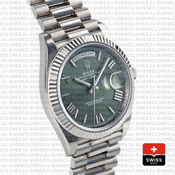 Rolex Day-date 40 Solid 904l Steel 18k White Gold Olive Green Dial Roman Fluted Bezel 40mm 228239 Swiss Replica Watch