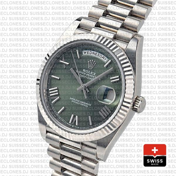 Rolex Day-date 40 Solid 904l Steel 18k White Gold Olive Green Dial Roman Fluted Bezel 40mm 228239 Swiss Replica Watch