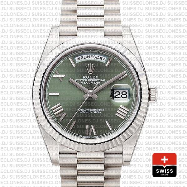 Rolex Day-date 40 Solid 904l Steel 18k White Gold Olive Green Dial Roman Fluted Bezel 40mm 228239 Swiss Replica Watch