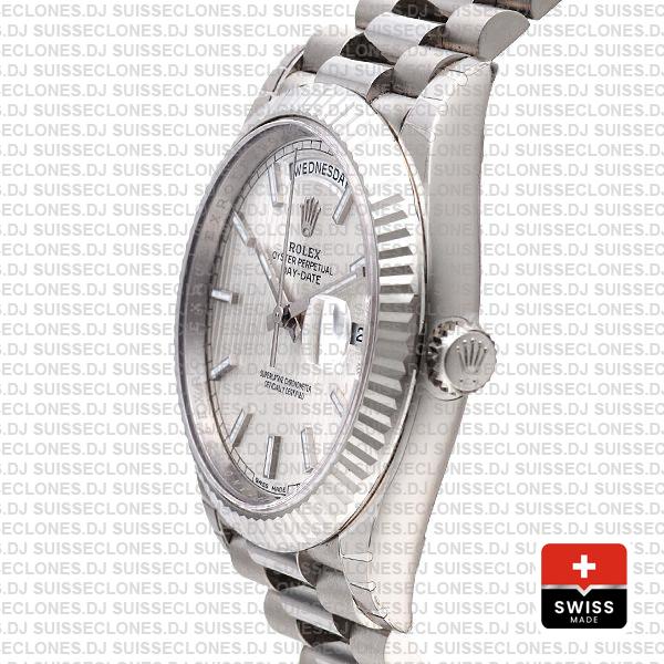 Rolex Day-date 40 Solid 904l Steel 18k White Gold Silver Stripe Motif Dial 40mm Superclone 228239 Swiss Replica Watch