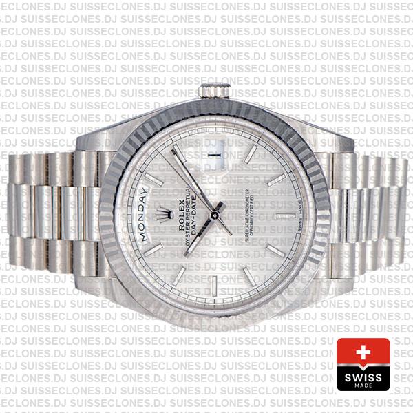 Rolex Day-date 40 Solid 904l Steel 18k White Gold Silver Stripe Motif Dial 40mm Superclone 228239 Swiss Replica Watch