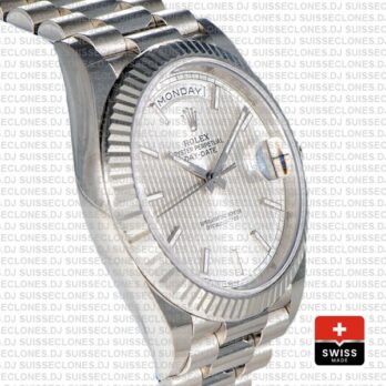 Rolex Day-date 40 Solid 904l Steel 18k White Gold Silver Stripe Motif Dial 40mm Superclone 228239 Swiss Replica Watch