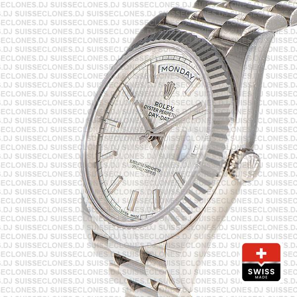 Rolex Day-date 40 Solid 904l Steel 18k White Gold Silver Stripe Motif Dial 40mm Superclone 228239 Swiss Replica Watch