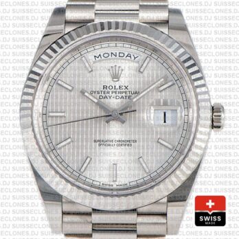 Rolex Day-date 40 Solid 904l Steel 18k White Gold Silver Stripe Motif Dial 40mm Superclone 228239 Swiss Replica Watch