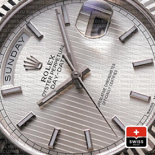 Rolex Day-date 40 Solid 904l Steel 18k White Gold Silver Stripe Motif Dial 40mm Superclone 228239 Swiss Replica Watch
