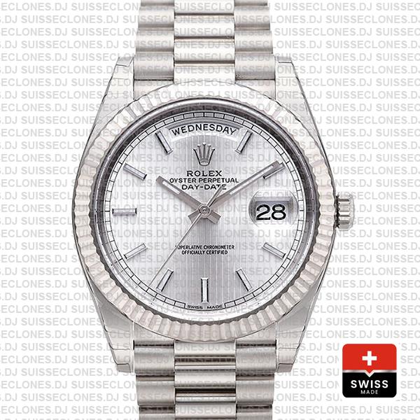 Rolex Day-date 40 Solid 904l Steel 18k White Gold Silver Stripe Motif Dial 40mm Superclone 228239 Swiss Replica Watch