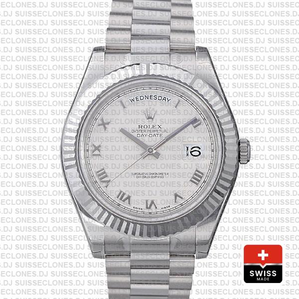 Rolex Day-date Ii 41mm 18k White Gold 904l Steel White Roman Dial Fluted Bezel Ref.218239 Swiss Replica Superclone Watch