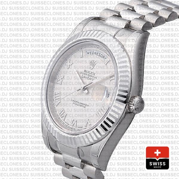 Rolex Day-date Ii 41mm 18k White Gold 904l Steel White Roman Dial Fluted Bezel Ref.218239 Swiss Replica Superclone Watch