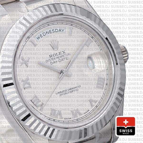 Rolex Day-date Ii 41mm 18k White Gold 904l Steel White Roman Dial Fluted Bezel Ref.218239 Swiss Replica Superclone Watch