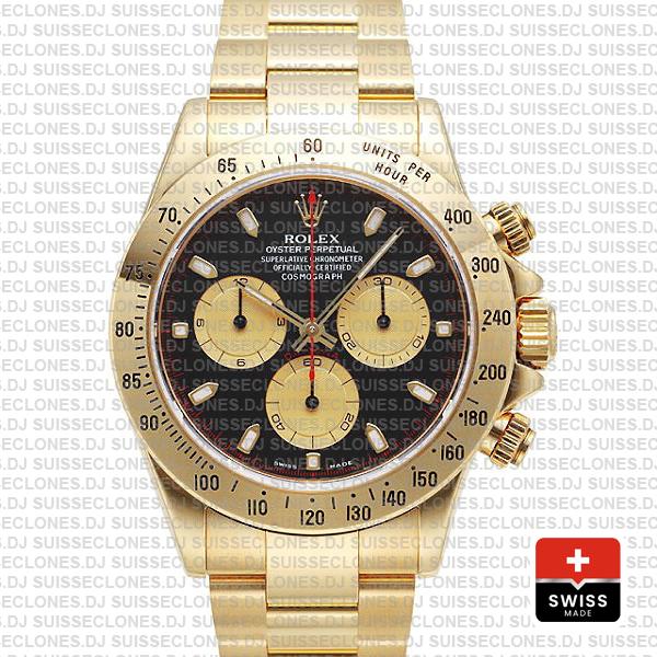 Rolex 116528 Daytona Yellow Gold Black Dial Gold Subdials 40mm Swiss Replica