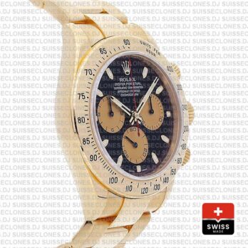 Rolex 116528 Daytona Yellow Gold Black Dial Gold Subdials 40mm Swiss Replica