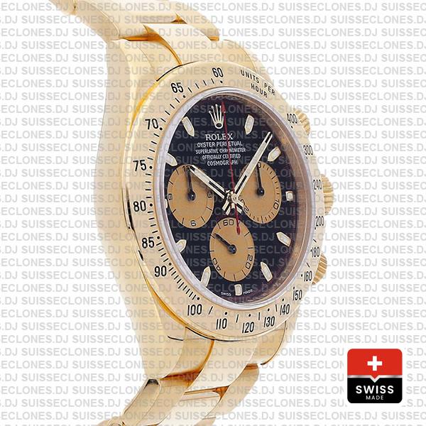 Rolex 116528 Daytona Yellow Gold Black Dial Gold Subdials 40mm Swiss Replica