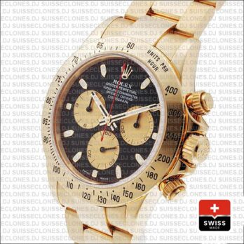 Rolex 116528 Daytona Yellow Gold Black Dial Gold Subdials 40mm Swiss Replica