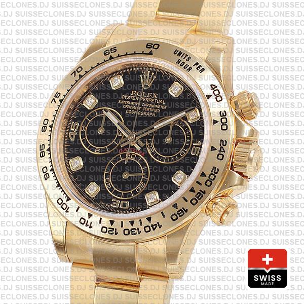 Rolex Oyster Perpetual Cosmograph Daytona 40mm 18k Yellow Gold Black Diamond Dial Replica