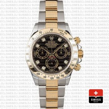 Rolex Cosmograph Daytona 18k Yellow Gold 904L Stainless Steel Two-Tone Black Diamond Dial 40mm