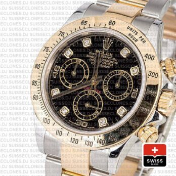 Rolex Daytona 2 Tone Black Diamonds Swiss Replica 40mm 116523