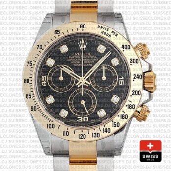 Rolex Cosmograph Daytona 18k Yellow Gold 904L Stainless Steel Two-Tone Black Diamond Dial