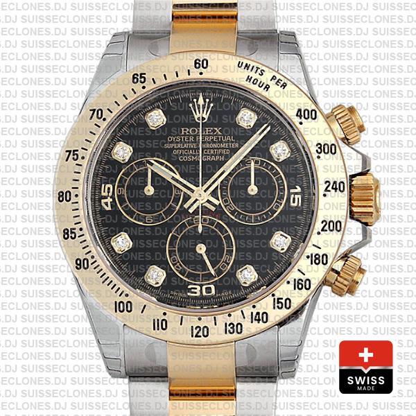 Rolex Cosmograph Daytona 18k Yellow Gold 904L Stainless Steel Two-Tone Black Diamond Dial