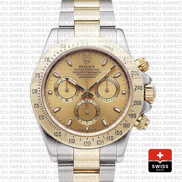 Rolex Cosmograph Daytona 18k Yellow Gold in Two-Tone with Gold Dial 904L Steel Oyster