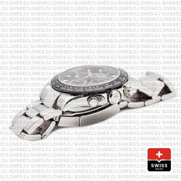 Rolex Oyster Perpetual Cosmograph Daytona Stainless Steel Watch with an Oyster Bracelet features a Black Ceramic bezel