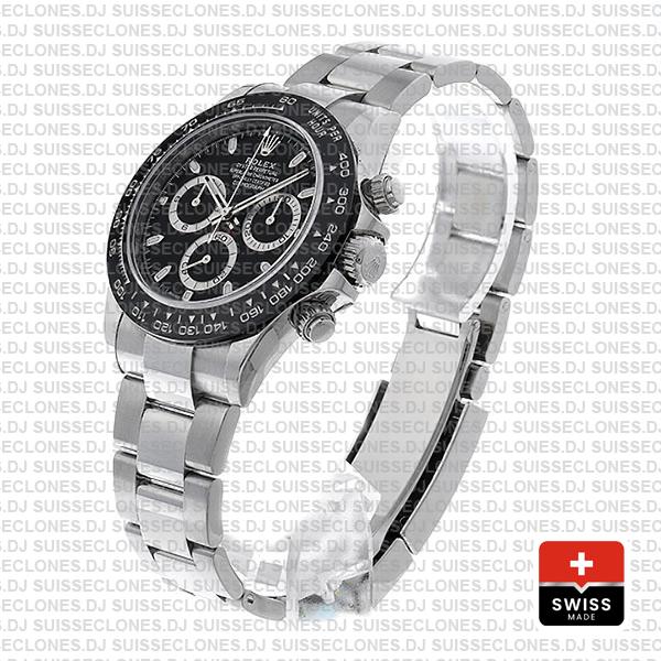 Rolex Oyster Perpetual Cosmograph Daytona Stainless Steel Watch with an Oyster Bracelet features a Black Ceramic bezel