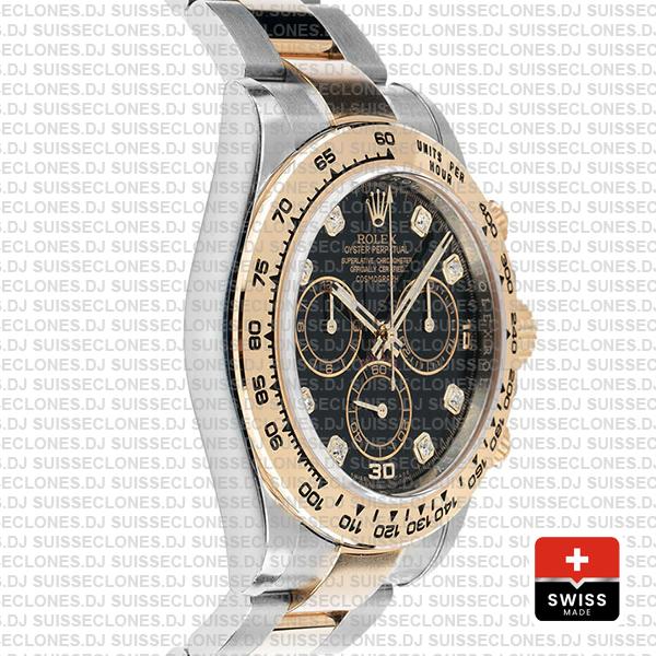 Rolex Cosmograph Daytona 40mm 18k Yellow Gold Two-Tone Black Diamond Dial 904L Stainless Steel