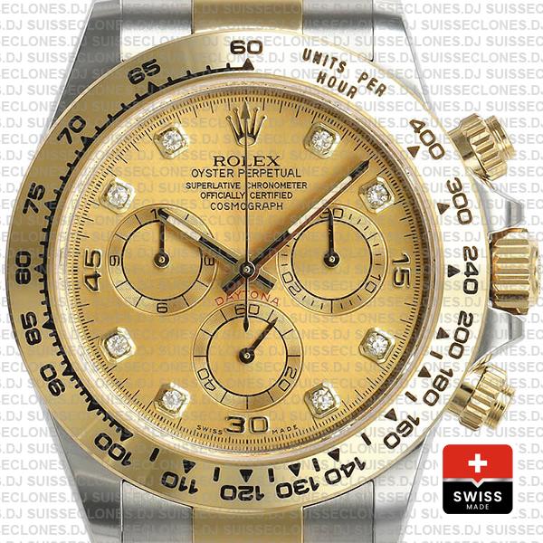 Swiss Replica Rolex Cosmograph Daytona 18k Yellow Gold Two-Tone 904L Stainless Steel Diamond Dial