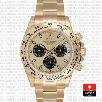 Rolex Daytona Gold 904L Stainless Steel Gold Dial 40mm with Black Subdials Oyster Bracelet Replica Watch