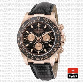 Rolex Daytona Leather Rose Gold Black Pink Ceramic 40mm 116515 Swiss Replica