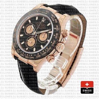 Rolex Cosmograph Daytona 18k Rose Gold Black Dial 40mm, comes with Leather Band