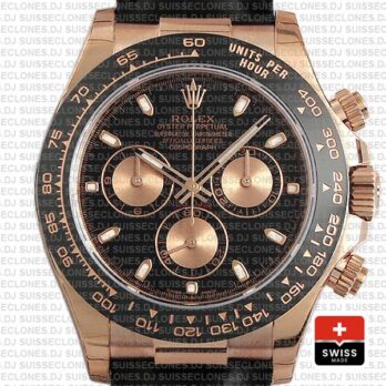 Rolex Cosmograph Daytona 18k Rose Gold Black Dial 40mm, comes with Leather Band