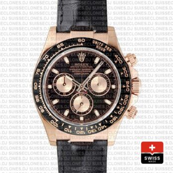 Rolex Daytona Leather Rose Gold Black Pink Ceramic 40mm 116515 Swiss Replica