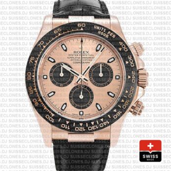 Rolex Daytona Leather Rose Gold Pink Black Ceramic 40mm 116515 Swiss Replica