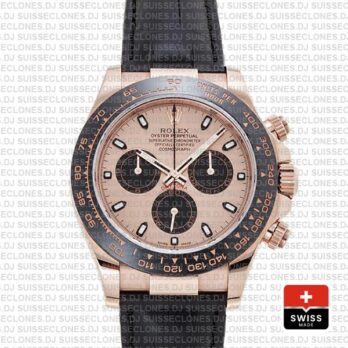 Rolex Daytona Leather Rose Gold Pink Black Ceramic 40mm 116515 Swiss Replica