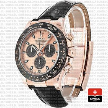 Rolex Daytona Leather Rose Gold Pink Black Ceramic 40mm 116515 Swiss Replica