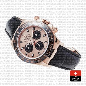 Rolex Daytona Leather Rose Gold Pink Black Ceramic 40mm 116515 Swiss Replica