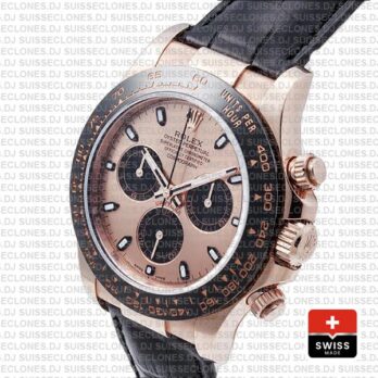 Rolex Daytona Leather Rose Gold Pink Black Ceramic 40mm 116515 Swiss Replica