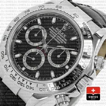 Rolex Daytona White Gold Black Dial Leather Strap Watch