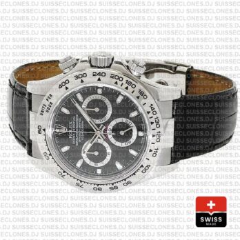 Rolex Daytona White Gold Black Dial Leather Strap Replica Watch