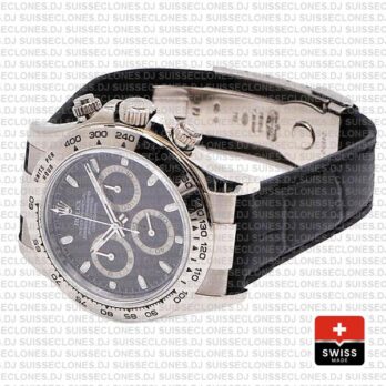 Rolex Daytona White Gold Black Dial Leather Strap Swiss Replica Watch