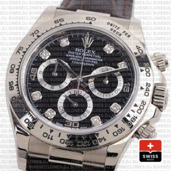 Rolex Daytona Leather White Gold Black Diamond Markers 116519 Swiss Replica 40mm