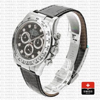 Rolex Daytona Leather White Gold Black Diamond Markers 116519 Swiss Replica 40mm