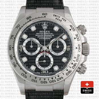 Rolex Daytona Leather White Gold Black Diamond Markers 116519 Swiss Replica 40mm