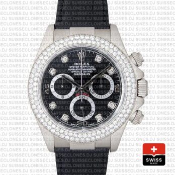 Rolex Daytona White Gold Black Dial Diamond Bezel Replica