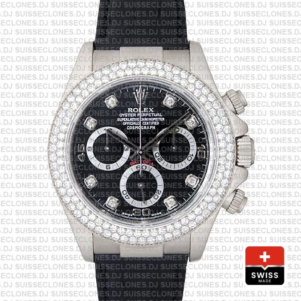 Rolex Daytona White Gold Black Dial Diamond Bezel Replica