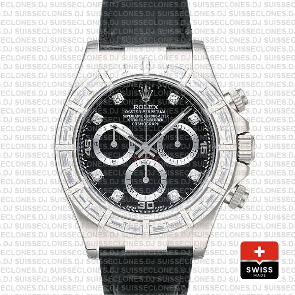 Rolex Daytona White Gold Black Diamond Dial Leather Replica