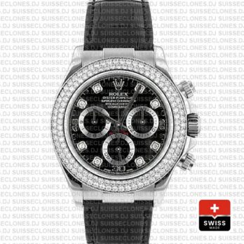 Rolex Cosmograph Daytona Leather Strap 18k White Gold 904L Steel Black Dial Diamond Markers Bezel 40mm